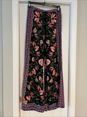 Flying Tomato Black Wide Leg Floral Pants with Pink & Green Print